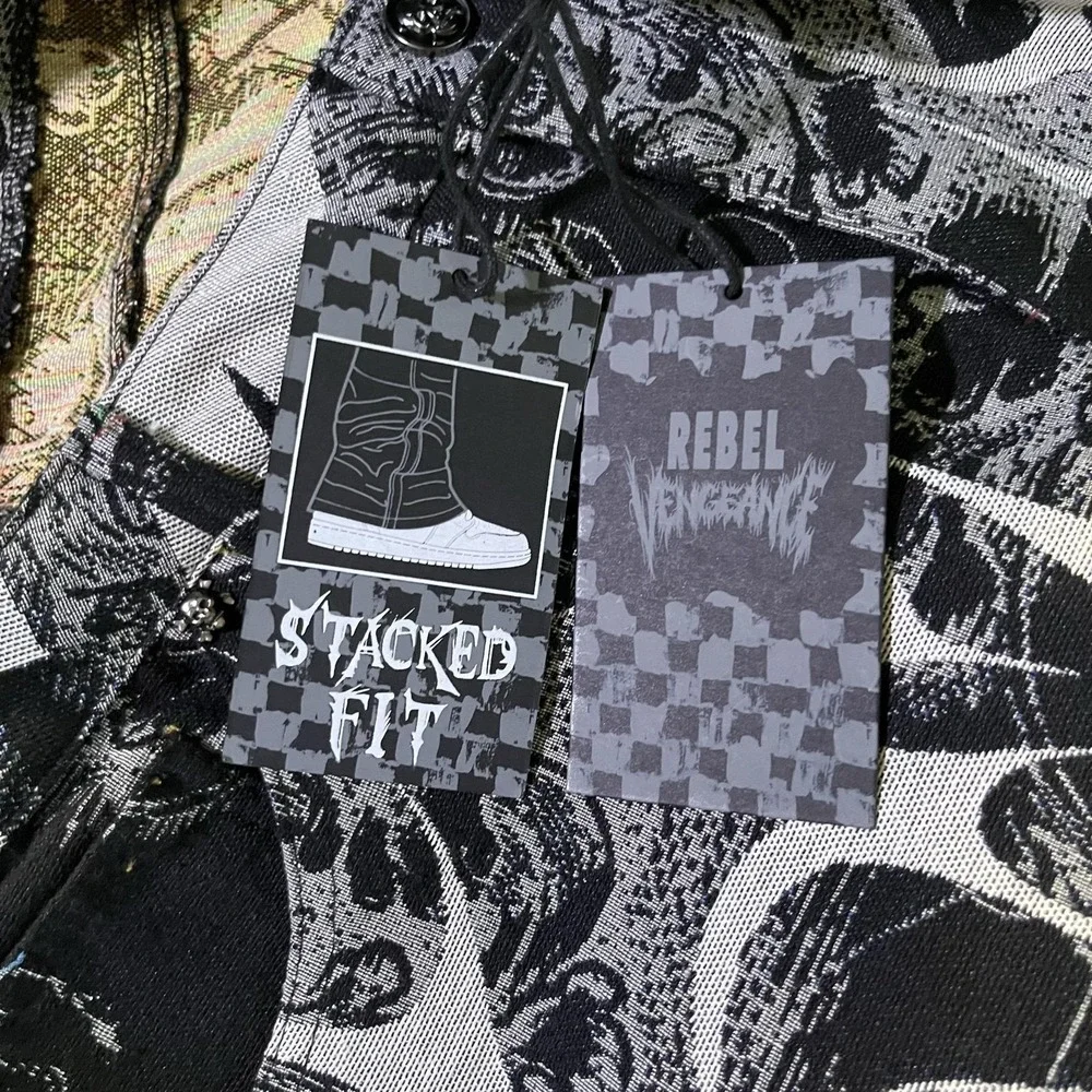 Rebel Vengeance Pants Mens 34x34 Black Flame Tapestry Cargo Gothic Stacked Fit